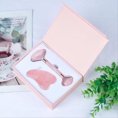 China Cheap Sales Hot Pink Gua Sha Roller 100% Crystal Stone Guarantee Custom LOGO Facial Massager Natural Jade Face Set Rose Quartz Roller for sale