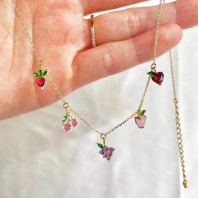 China FASHIONABLE Micro CZ Pave Colorful Zircon Fruit Drop Charms Necklace Cherry Peach Fruit Clavicle Chain Necklace for sale