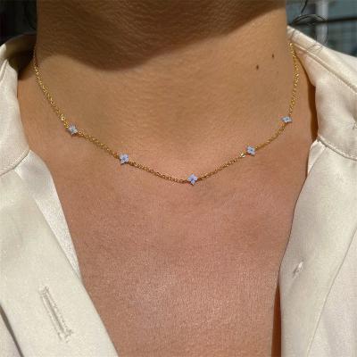 China RTS TRENDY Hot Ins Gold Plated Inlaid Flower Blue Cubic Zircon Necklace Copper Long Chain Necklaces For Women Fashion Jewelry for sale