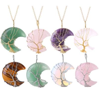 China FASHIONABLE Wholesale Quartz Amethyst 7 Rhinestone Pendants Women Natural Stone Tree Chakra Necklace Life Pendant for sale