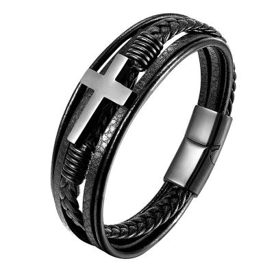 China Fashionable Stainless Steel Cross Men's Classic Design Factory Directly Selling Leather Bracelet Men's Gifts for sale