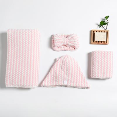 China Wholesale High Quality Quick Dry Striped Coral Towels 4 Set Hair Band Safe For Kids Water Absorption Microfiber Fleece Bath Face Hair for sale