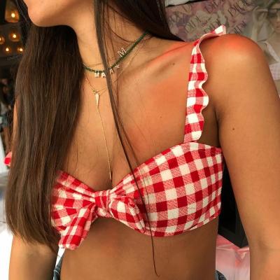 China Plus Size 2021 Fashion Plaid Bikini High Cut Bow Sexy Front Girls Swimwear Two Piece Swimsuit for sale