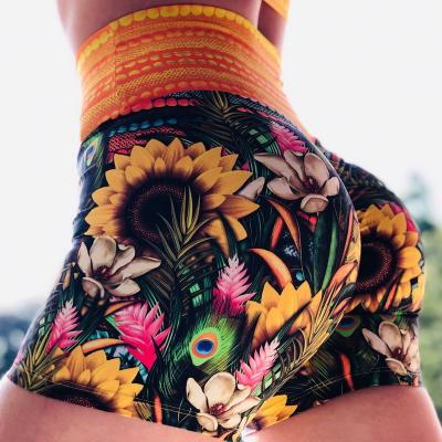 China Wholesale Breathable Nylon Spandex Running Yoga Shorts Sunflowers Print Ladies Gym Fitness Short Workout Activewear for sale