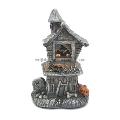 China Hallween Decoration China Factory Resin Crafts Gift Small Haunted House Light Ornaments For Halloween Party Decoration for sale