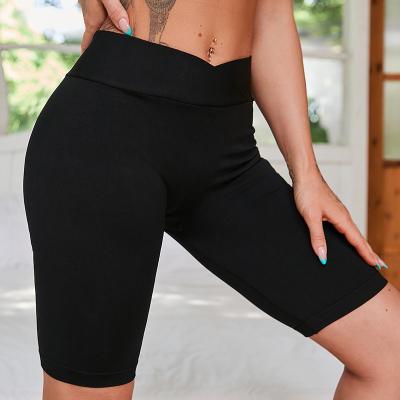 China Amazon Best Selling Ribbed Logo Fabric Gym Antibacterial Custom Shorts Pants butts crack! crack! V Waist Leggings Women Yoga Shorts for sale