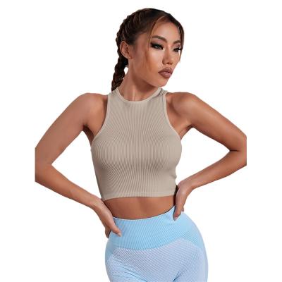 China Women Yoga Gym Anti-Shrink Sports Invest Fitness Running Short Vest Solid Color Knitted Off The Shoulder Gym Yoga Top for sale