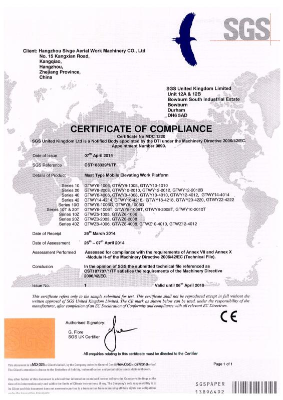 CERTIFICATE OF COMPLIANCE - HANGZHOU SIVGE MACHINERY CO., LTD