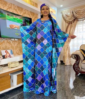 China 2022 New Arrival Boubou Anti-wrinkle Dress Blue Diamonds Free Size Satin Long Silk African Dress for sale