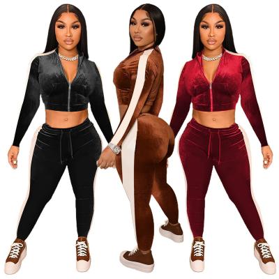 China Breathable Warm Sale Women Velvet Tracksuit Cropped Jacket Trotter Pants 2 Piece Tracksuit With Side for sale