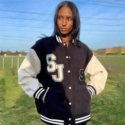 China Wholesale Viable Autumn Jacket For Women Casual Letter Oversized Button Up Baseball Varsity Jacket for sale