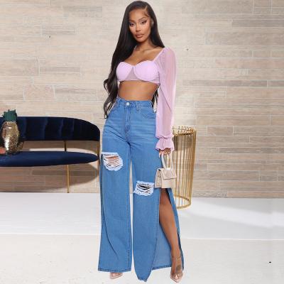 China Latest Design Viable High Waist Women Wide Leg Jeans Ripped Stylish High Split Rocket Jeans for sale