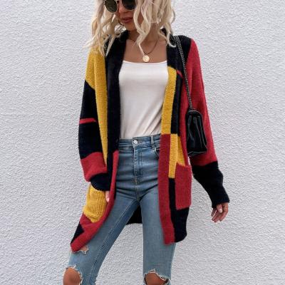 China Other Amazon Selling Winter Warm Sweater Coated Women 2021 Irregular Cardigan Women's Color Patchwork Sweaters for sale