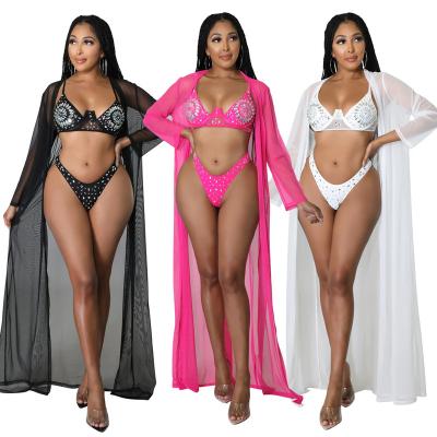 China Women Breathable Wholesale Rhinestones Bikini Set Long Sleeve Cover Up Swimwear And 3 Piece Beachwear for sale