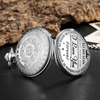 China Foreign trade sale antique border hot spot to MY SON carved retro commemorative round quartz gift pocket watch wholesale for sale