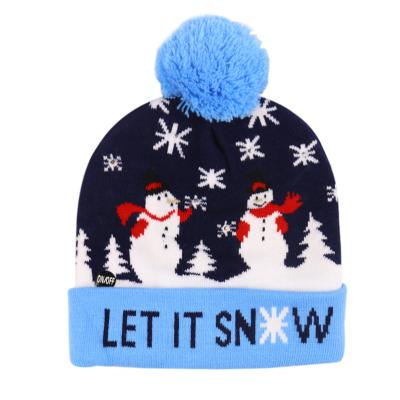 China COMMON Christmas Hats New Year Snowman Handmade LED Light Santa 2021 Winter Knitted Ball Christmas Hats for sale