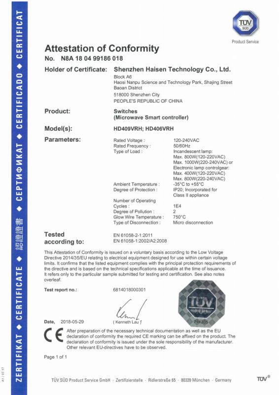 Attestation of Confirmity - Shenzhen HAISEN Technology Co.,Ltd.