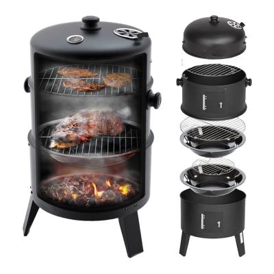 China Adjustable Size 3 in 1 Smokeless Charcoal BBQ Grill Smoker 3 Layer Tower Vertical Barrel Charcoal BBQ Grill Smoker for sale