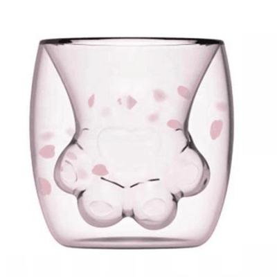 China Creative Pink Glass Cat Paw Mug Cute Cartoon Milk Juice Beer Glasses Cat Claw Cup Double Wall Novelty for sale