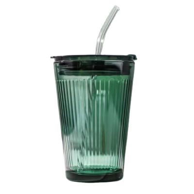 China Stocked 2022 New Wholesale Luxury Simple Green Ins Travel 450ml Glass Coffee Mug Water Portable Cups With Lid And Straw for sale