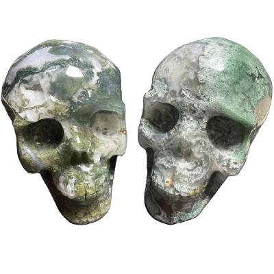 China China Customized High Quality Hand Carved Green Color Aquatic Crystal Moss Agate Skulls Life Size Skulls For Crafts for sale