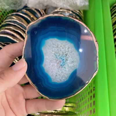 China China natural cheap blue pink pink agate round shape teacup agate healing stones gemstone slice coastar slab for home decoration for sale