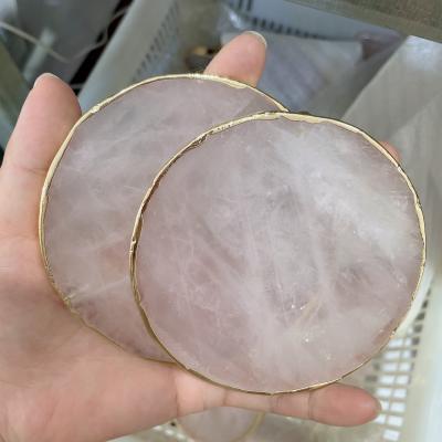 China Wholesale Natural Round Teacup China Rose Quartz Stones Gemstone Slice Pink Crystal Coastar Healing Slab For Home Decoration for sale