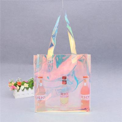 China Biodegradable Customized Logo Shopping Bag PVC Holographic Iridescent Transparent Bag for sale