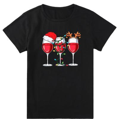 China Dropshipping High Quality Short Sleeve Women Anti-pilling Black Red Wine Custom Glass Designs Printed T-Shirt For Christmas for sale