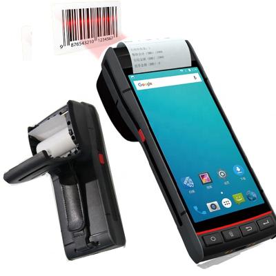 China Handheld Android PDA With Thermal Printer 5.5inch Touch Screen PDA Barcode Scanner High Quality With Printer Android RFID NFC Reader With Label Sticker Printing for sale