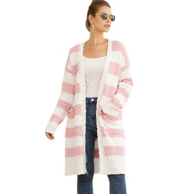 China Women's Loose Stripe Grain Anti-Wrinkle Knitted Cardigan And Comfortable Velor Color Matching Sweater for sale