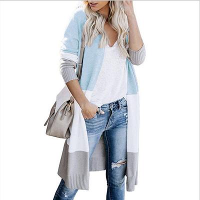 China Anti-Wrinkle Women's Casual Tricolor Stripe Quilting Long Cardigan Sweater for sale