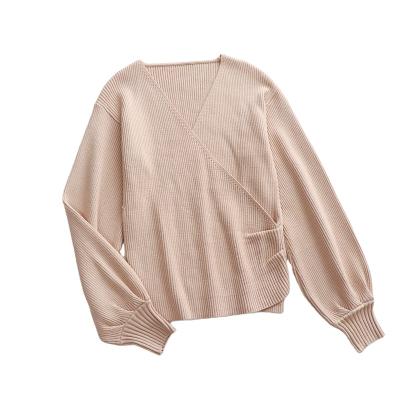 China 2021 Autumn Women's New Solid V-neck Crossover Anti-wrinkle Knit Loose Pullover Long Sleeve Sweater for sale