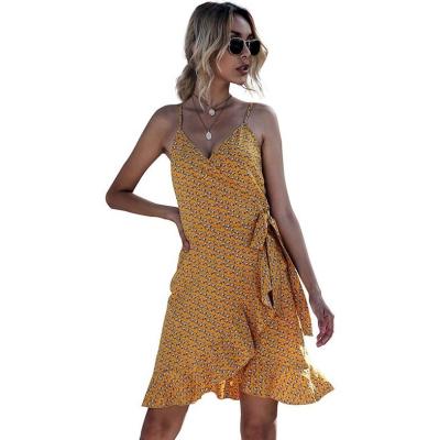 China 2021 Summer Women Casual V-Neck Printed Chiffon Anti-wrinkle Lace Up Dress for sale