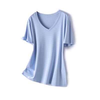 China 2021 Anti-wrinkle Women's Summer High Quality V-neck Fashion Casual Silk T-shirt True for sale