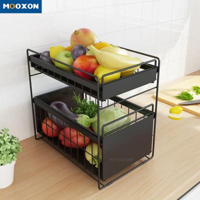 China Minimalist 2 Tier Kitchen Storage Shelf Stackable Under Sink Rack Metal Cabinet Drawer Basket for sale