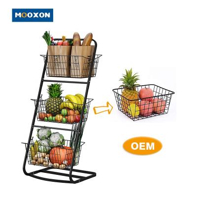 China 2022 Amazon 3 Tiers Metal Mesh Vegetable Home Kitchen Stand Black Mesh Basket Bowl Rack Organizer Viable Storage Shelf Fruit Rack for sale