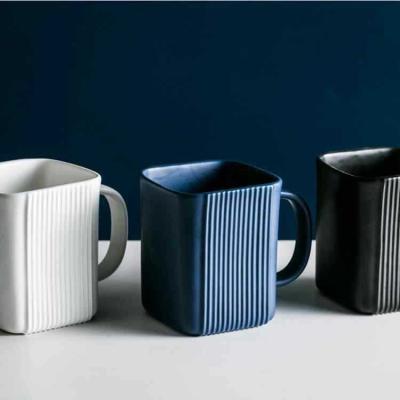 China Nordic Style Viable Square Striped Matte Luster Cup Viable Style 12oz Ceramic Coffee Mug for sale