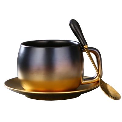 China Custom Viable Matt Porcelain Tea Coffee Cup Logo Plating Gold Ceramic Coffee Cup and Saucer Set for sale