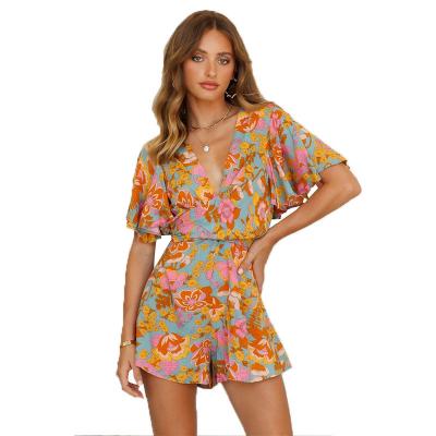 China Viable Wholesale Plain V Neck Short Sleeve Tie Rope Printed Ladies Jumpsuits Short Womens Overalls Floral Pants Set for sale