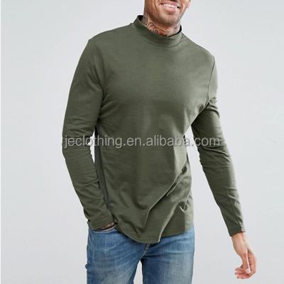 China Olive Green Turtle Neck And Edge Plain Curve 100% Cotton Men's OEM Anti-pilling Long Sleeve T-Shirt for sale