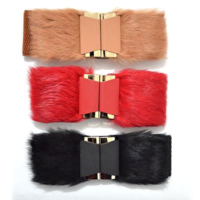 China Pictures shown 6.0cm width winter style pony hair two pieces buckle elastic ladies fashion belts, custom made ladies belts for sale