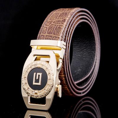 China Logo top buckle style G style high fashion carbon fiber cowhide 3.5cm width pop automatic belt, custom made automatic belt for sale