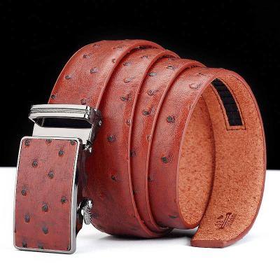 China Ostrich Leather Stripe Buckle Cowhide Genuine Leather 3.5cm Width Cover Automatic Belts, Custom Made Automatic Belts for sale