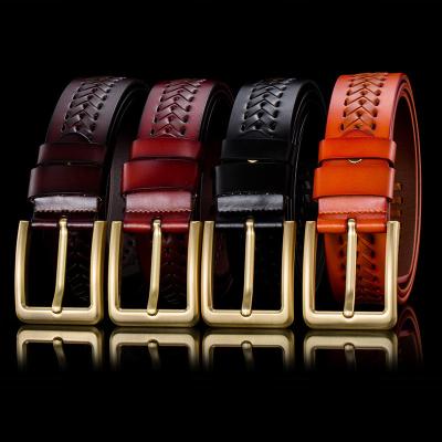 China Cowhide 3.8cm Width Pin Buckle Unisex Genuine High Quality Braided Leather Belts for sale