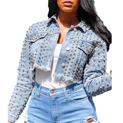 China 2021 Anti-wrinkle street hipster women jacket sleeve studded denim long cropped coats denim blue women's jacket for sale