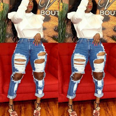 China Autumn Europe And America Fashion 2021 high waist new breathable straight jeans ladies ripped blue jeans for sale