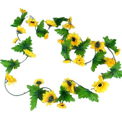 China 230cm Environmental Protection Sunflower Vines Garland Silk Flowers With Yellow Green Artificial Flowers And Green Leaves For Decor for sale