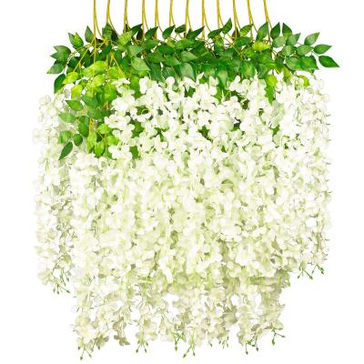 China Artificial Flower Green White Fast Delivery Garland Hanging Garden Wisteria Vine for Wedding Outdoor Garden Greenery Home Wall Decor for sale