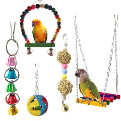 China Hot Sale 5pcs Bird Swing Stand Bell Ball Toys Pine Parrots Bite Playing Interactive Toy Sets for sale